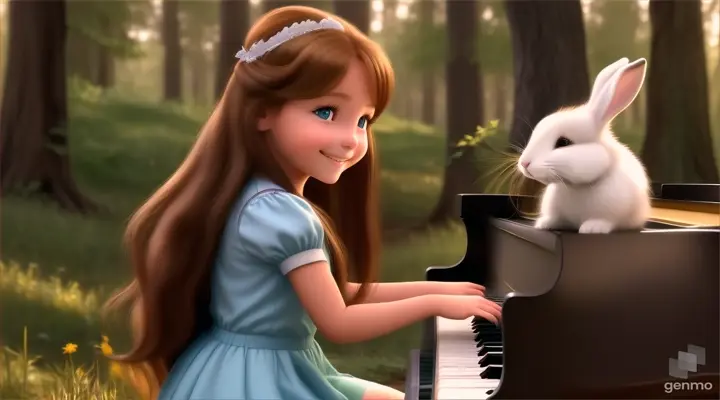 A young beautiful girl with long hair, the girl smiles and plays the piano in the forest with a rabbit next to the piano