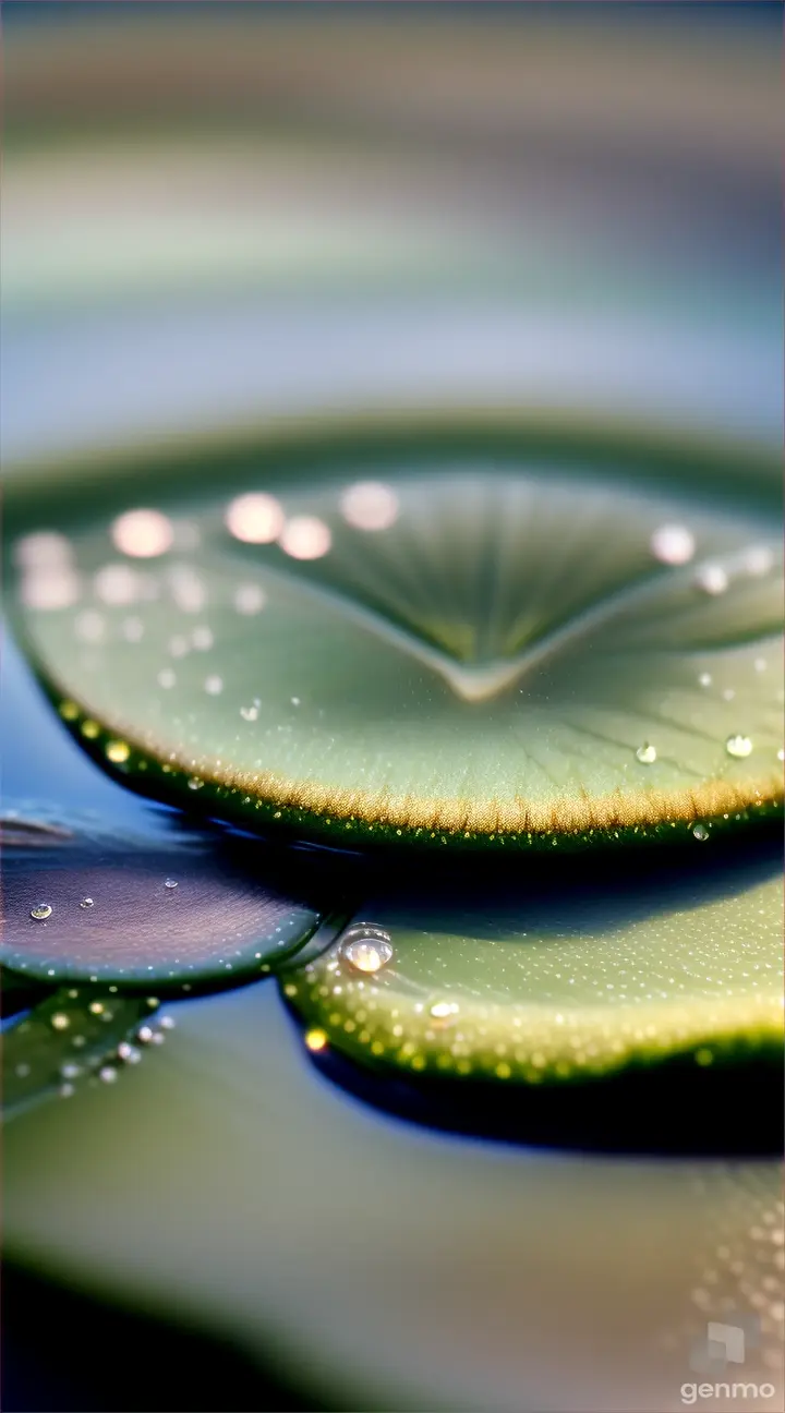 Close-up of raindrops gathering on the surface of a lily pad, creating tiny puddles.
