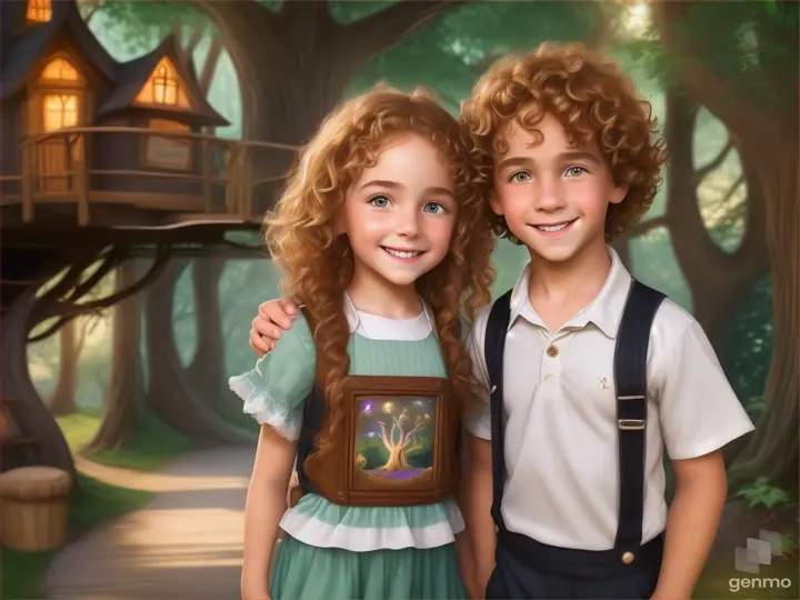 Characters: Lily (bright-eyed girl with curly hair) and Max (playful boy with a mischievous grin).
Action: Lily and Max emerge from the treehouse.
Text Prompt: "Meet Lily and Max, two adventurous friends who live in the magical treehouse. They emerge from the treehouse, ready for their next adventure."