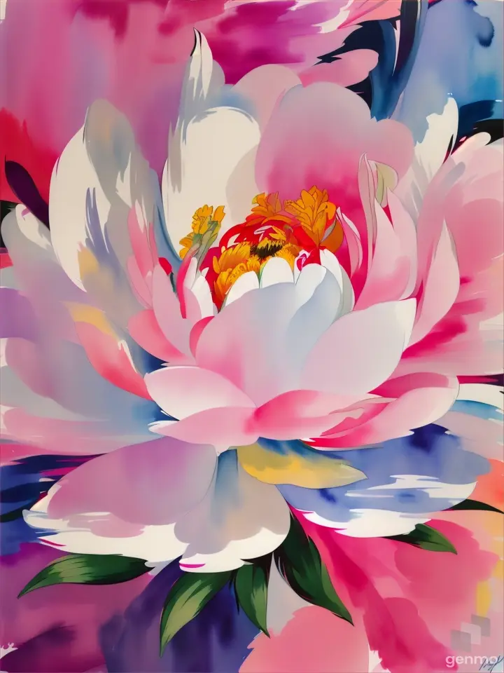 pop-art' detailing to the watercolor PEONY with bold white outlines. on a 'pop-art' watercolor background.