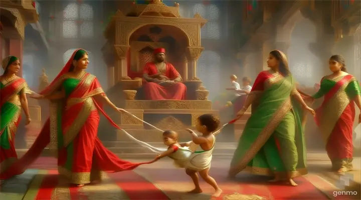  woman in a red and green sari are stading with a samll baby 