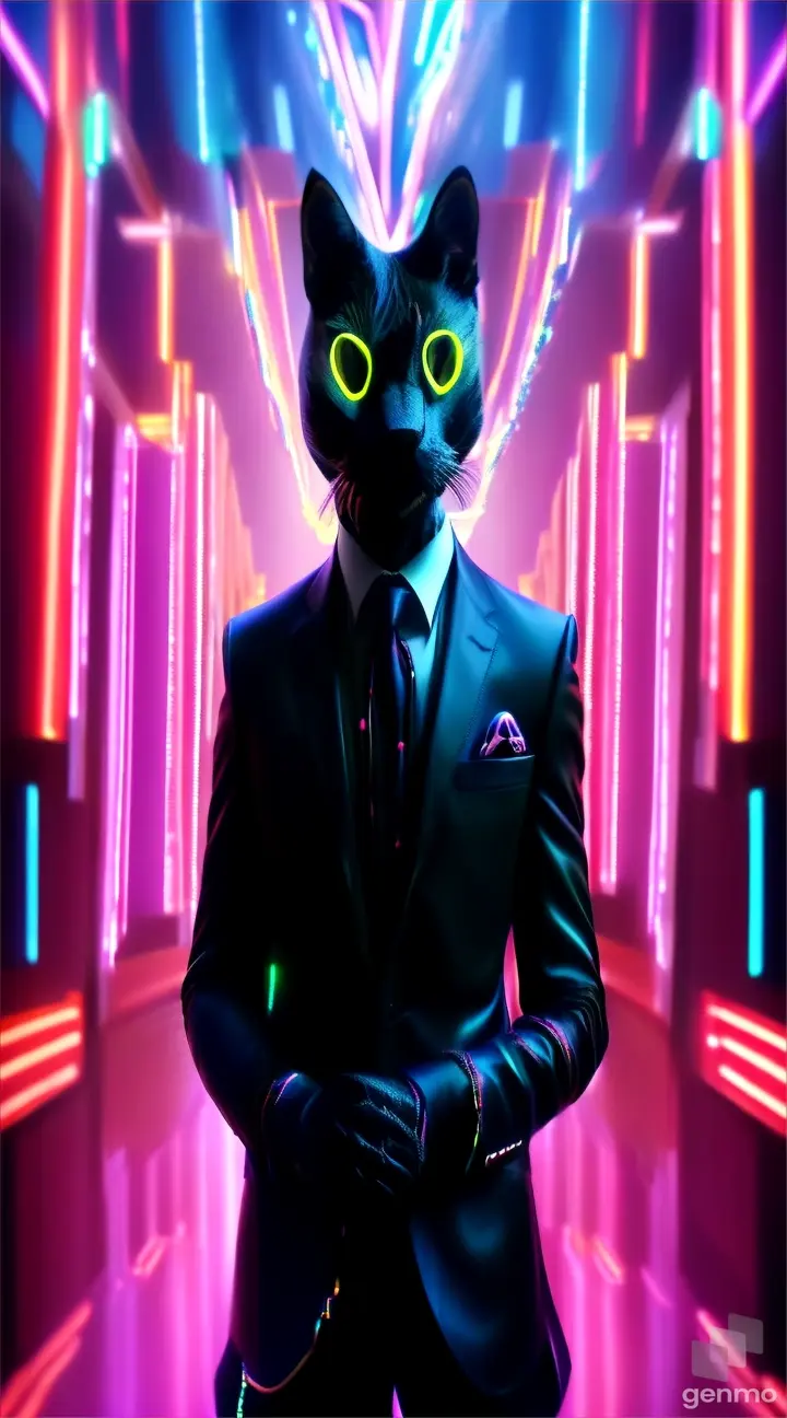 a black cat in a suit and neon lights