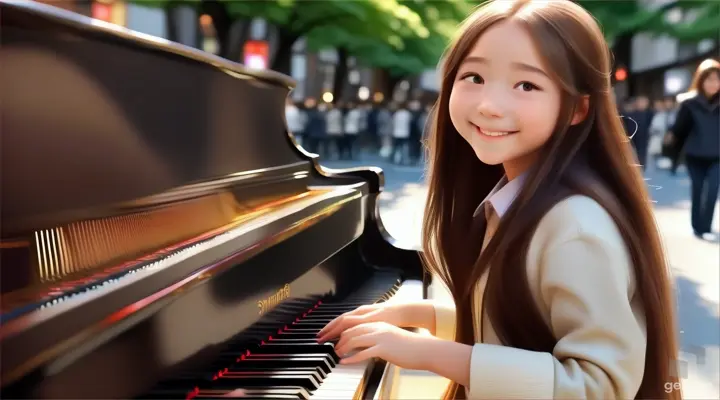 A young beautiful girl with long hair, the girl smiles and plays the piano on the streets of Omotesando, Tokyo