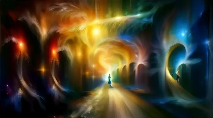 a painting of a woman walking through a tunnel