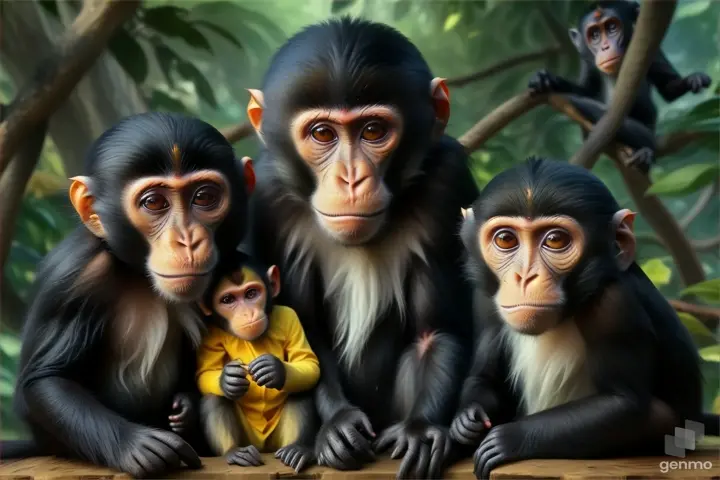 a group of monkeys sitting next to each other