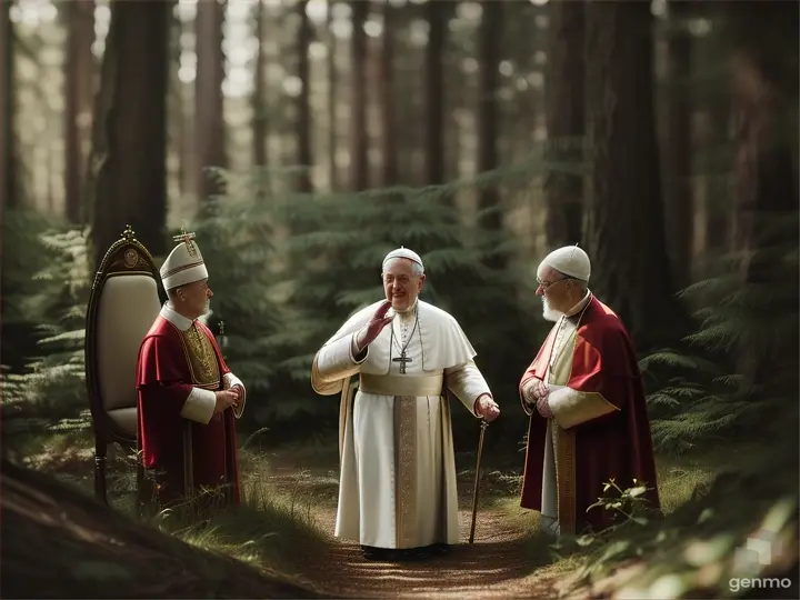 video stile vintage fotorealistico di un papa e due vescovi parlano con un piccolo alieno nel bosco