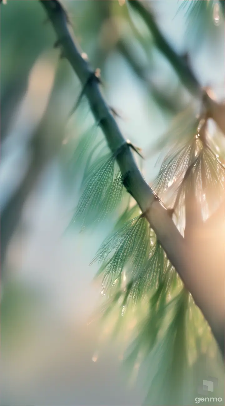 Drops of morning dew collecting on the slender branches of a weeping willow tree.
