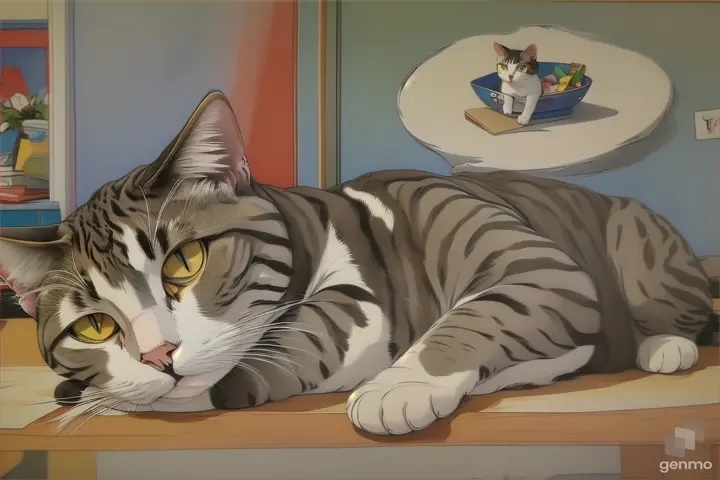 a painting of a cat laying on a table