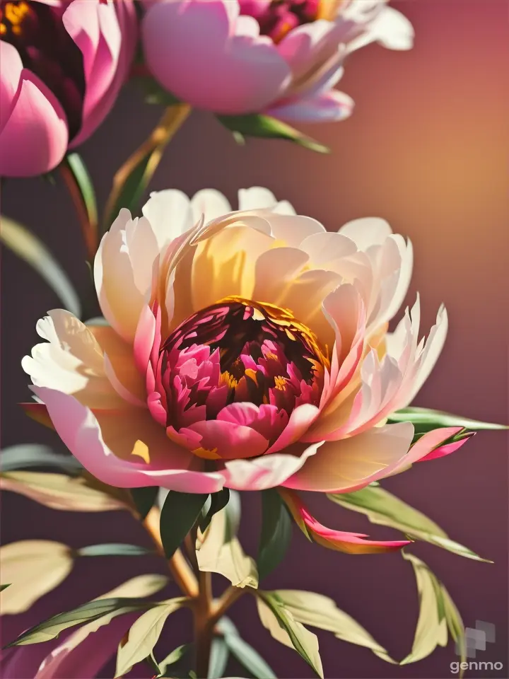 against a golden hour backdrop PEONY with stem with bold black outlines. on a 'pop-art' grey background.
