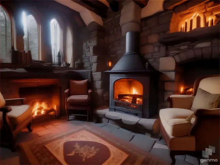  A cosy fireplace in a medieval cottage. landscape