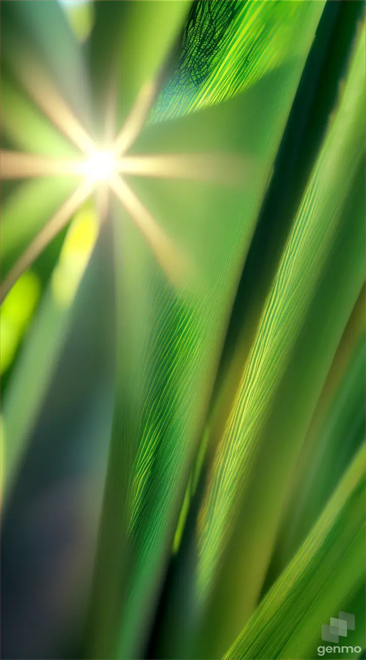 Close-up of sunlight filtering through a cluster of bamboo leaves, casting intricate patterns on the ground.
