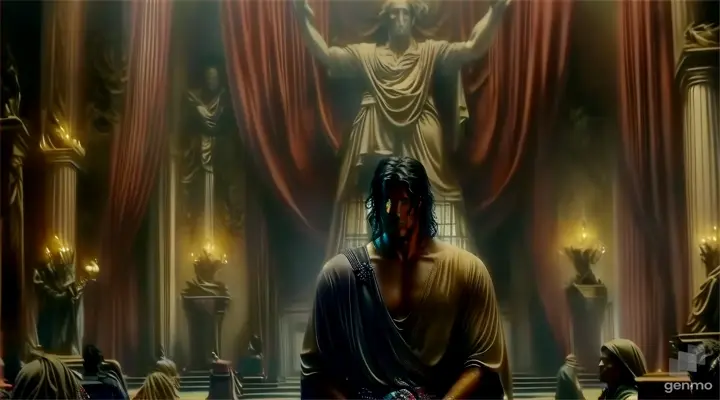 a man standing in front of a statue in a room