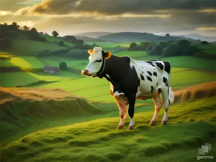  Dairy cow, ancient farm, lush green fields, landscape