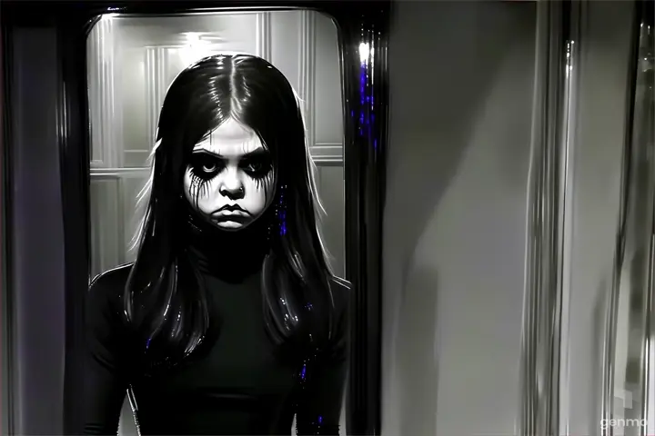 Drawn to the mirror, Sarah approached it slowly. As she looked into the glass, she was startled to see a reflection of herself, but with one chilling difference - her reflection had hollow, black eyes that seemed to stare right through her. Panicking, Sarah turned away from the mirror and tried to find the door, but it had vanished.