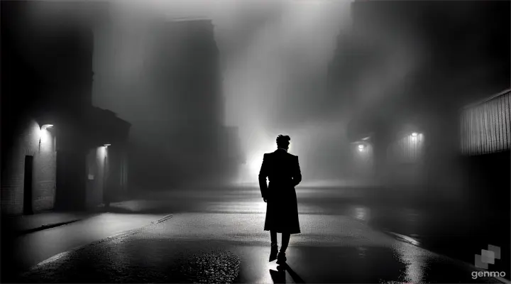 A male silhouette reaching out to a woman in a dark alley full of smoke and shadows, theater ruins visible in the distance.