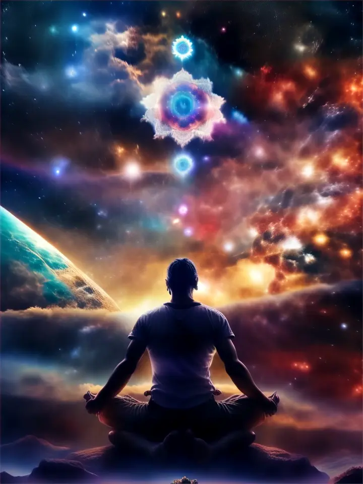 a man sitting in a lotus position in front of a space filled with stars