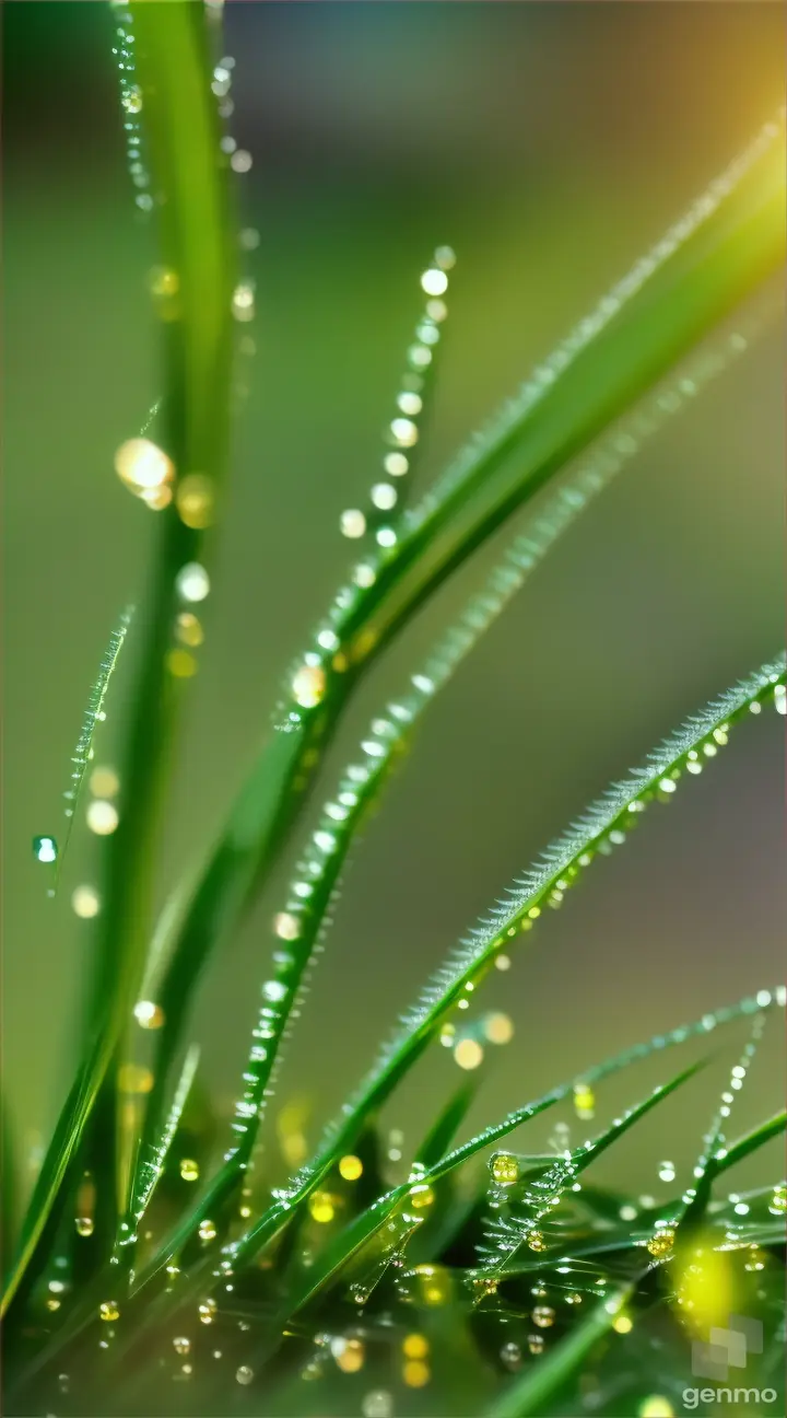 Dew-kissed blades of grass bending under the weight of droplets.
