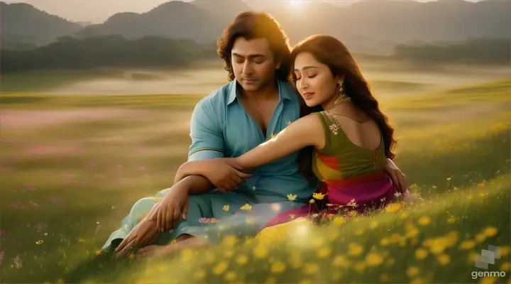 4k realism High definition Video opens with a serene shot of a sun-kissed meadow, where wildflowers sway gently in the breeze. The scene transitions to a young actor Bobby Deol and actress Madhuri Dixit siting on a rock hand in hand through the meadow, their smiles radiating warmth and affection ( background mist and flying butterflies )