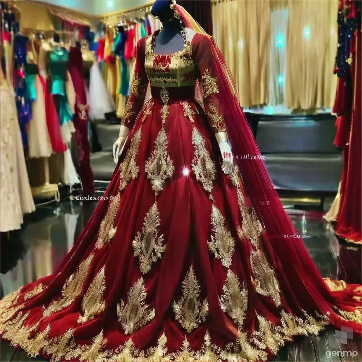 a red and gold bridal gown on a mannequin