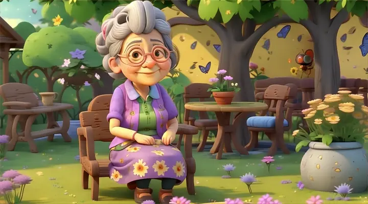 a cartoon character sitting on a bench next to a flower pot, a housefly buzzes about her face