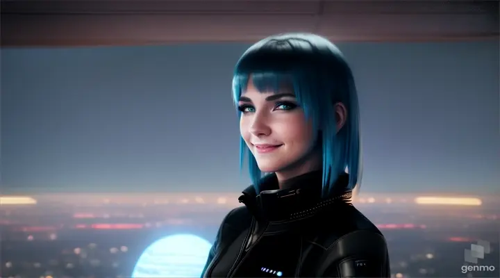 Smiling American slim beautiful young cyberpunk girl with a narrow chin, with Blue hair and gray eyes. Wearing A black space jacket, looking out of the window at stars and planet from a specestation, RAW photo quality, Cyberpunk, SteamPunk, Bladerunner, Ultra realistic