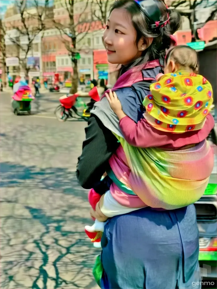 a woman walking down a street carrying a child on her back