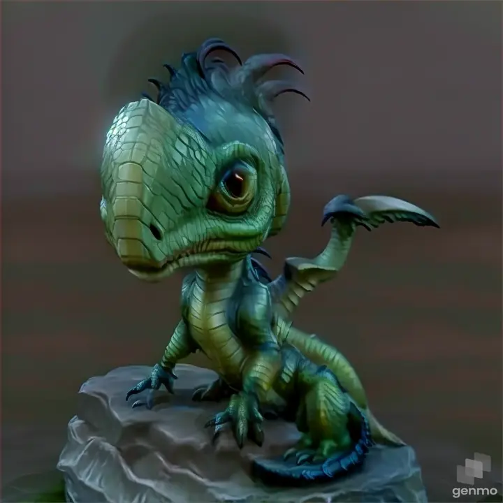 Little toy dragon perched on a glowing rock at the edge of a mermaid lagoon