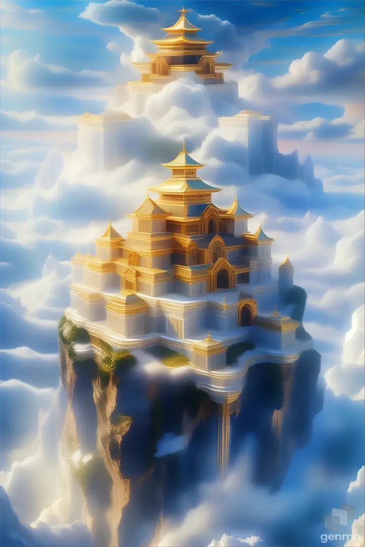 a castle in the clouds with a sky background