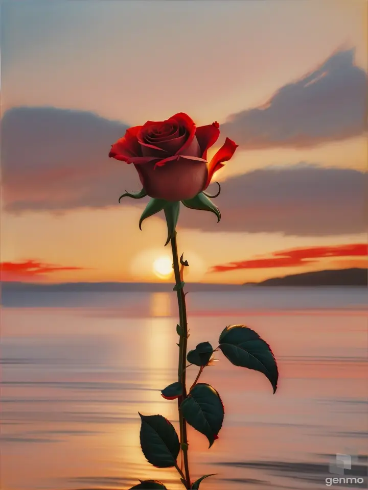 in the style of large strokes of oil painting with black outlines, against a golden hour backdrop red rose flower with stem. On a golden background.
