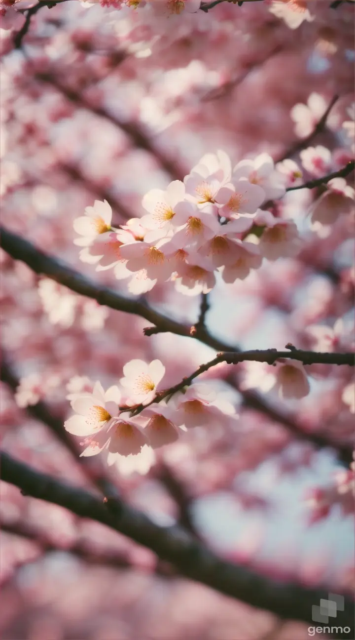 Sunlight filtering through the branches of a cherry blossom tree, painting the ground with dappled light.
