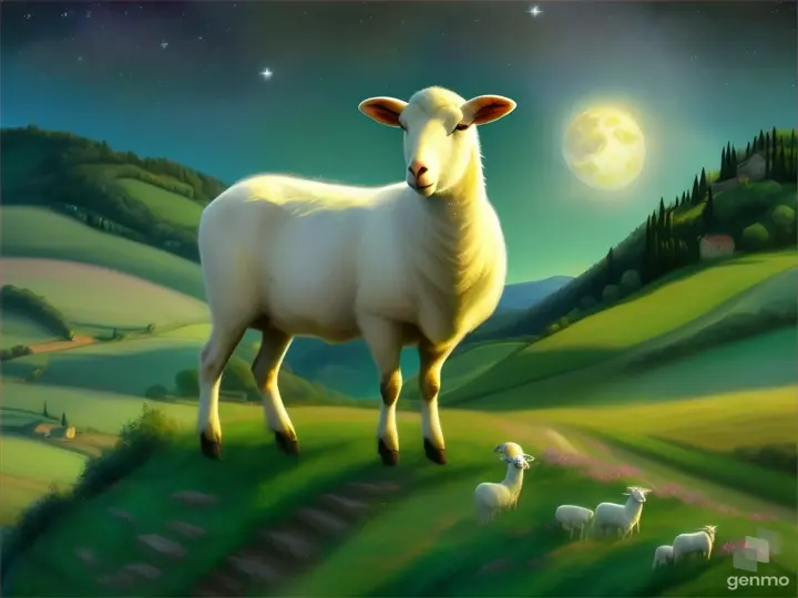 A beautiful white ewe standing at the top of a lush green hill, night, moon, stars, landscape.