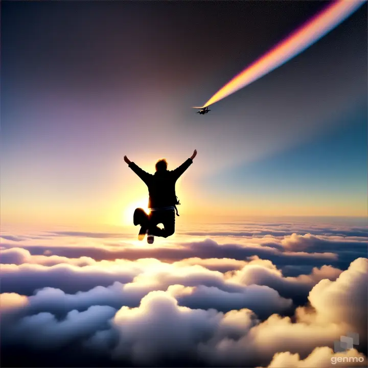 a person is flying through the air above the clouds