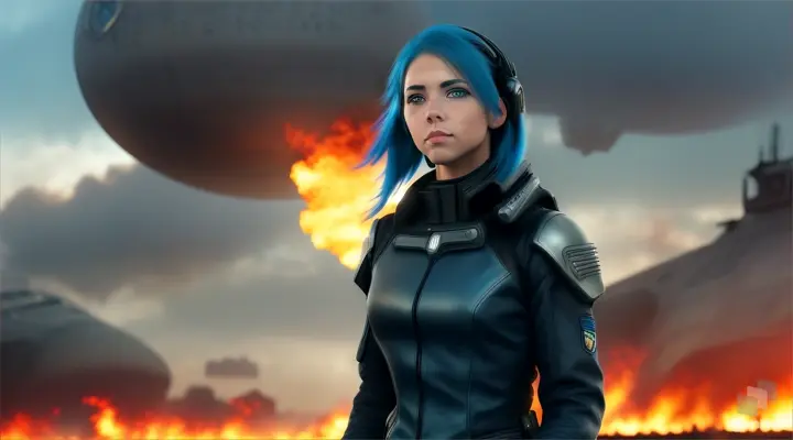 American slim beautiful young Military officergirl with a narrow chin, with Blue hair and gray eyes. Wearing A black jacket, Yawns, Flees from explosions and fire on an alien planet where houses and buildings are under fire., RAW photo quality, Cyberpunk, SteamPunk, Ultra realistic