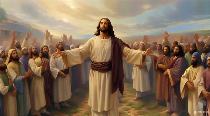 a painting of jesus standing in front of a crowd of people