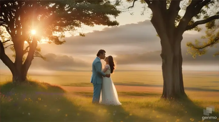 4k realism High definition Video opens with a serene shot of a sun-kissed meadow, where wildflowers sway gently in the breeze. The scene transitions to a young actor Bobby Deol and actress Madhuri Dixit dancing under tree hand in hand through the meadow, their smiles radiating warmth and affection / background mist and flying butterflies 