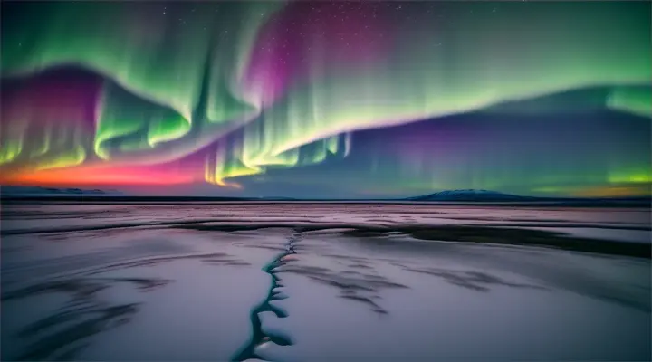 An icy, barren tundra full of colorful wildlife, under a stunning display of the Northern Lights