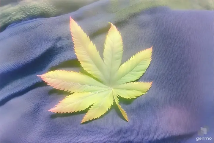 a yellow leaf laying on top of a blue blanket, the leaf has eyes and smiles while dancing 