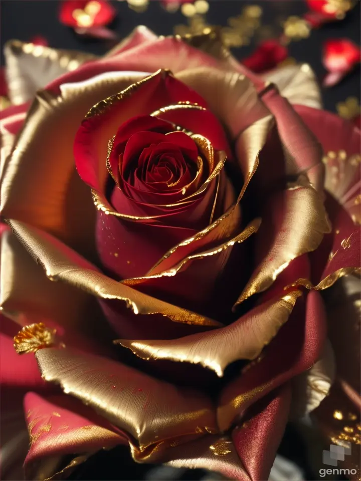red rose covered with gold leaf. background: golden color.
