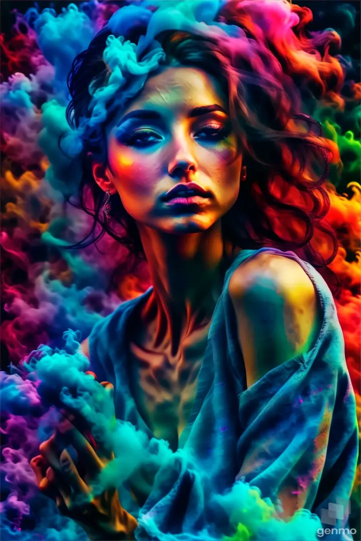 a woman in a blue dress surrounded by colored smoke