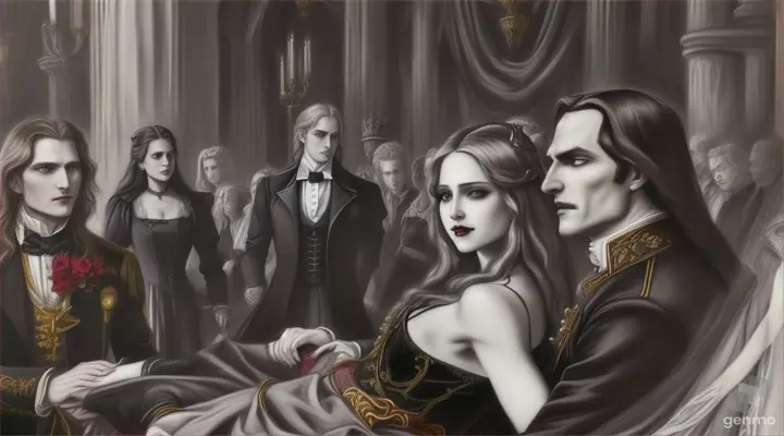 The vampire Lestat de Lioncourt has the fainting Princess Anastasia in his hands while he shows his fangs full of blood with a perverse look on his face behind in the background in a room the Tsarina royal family watches the scene with horror On style sketch painting using charcoal”