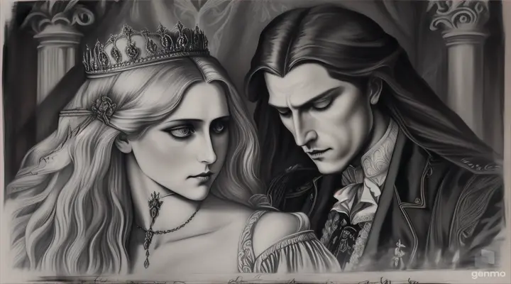 The vampire Lestat de Lioncourt has the fainting Princess Anastasia in his hands while he shows his fangs full of blood with a perverse look on his face behind in the background in a room the Tsarina royal family watches the scene with horror On style sketch painting using charcoal”