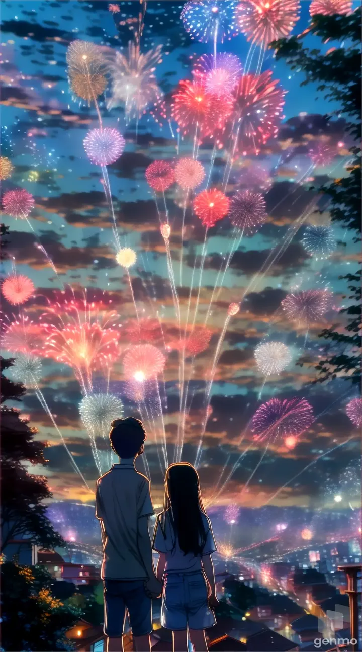 two people looking at fireworks in the sky