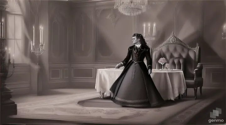 The vampire Lestat de Lioncourt has the fainting Princess Anastasia in his hands while he shows his fangs full of blood with a perverse look on his face behind in the background in a room the Tsarina royal family watches the scene with horror The vampire's mouth is open as he has just bitten his victim with bloodlust On style sketch painting using charcoal”