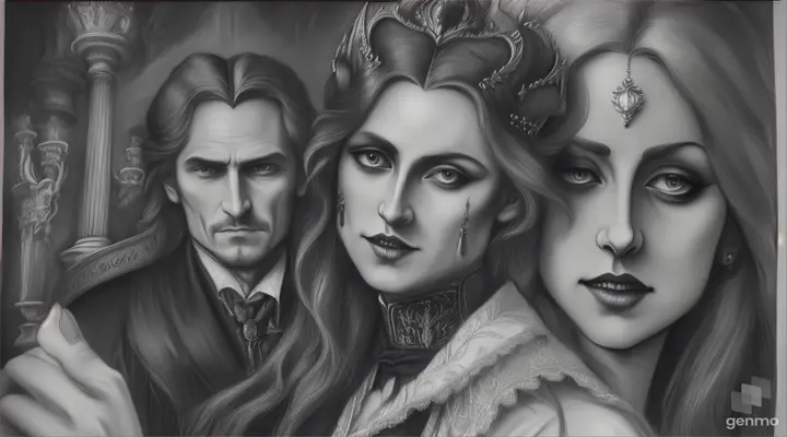 The vampire Lestat de Lioncourt has the fainting Princess Anastasia in his hands while he shows his fangs full of blood with a perverse look on his face behind in the background in a room the Tsarina royal family watches the scene with horror The vampire's mouth is open as he has just bitten his victim with bloodlust On style sketch painting using charcoal”