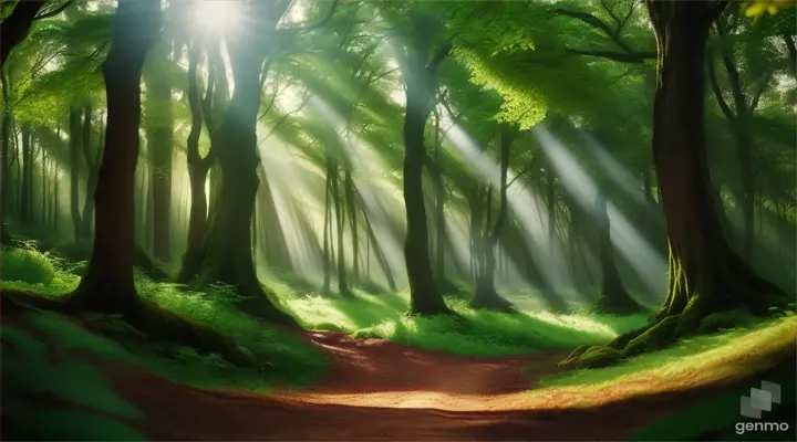 Establish the lush green forest with sunlight filtering through the leaves.