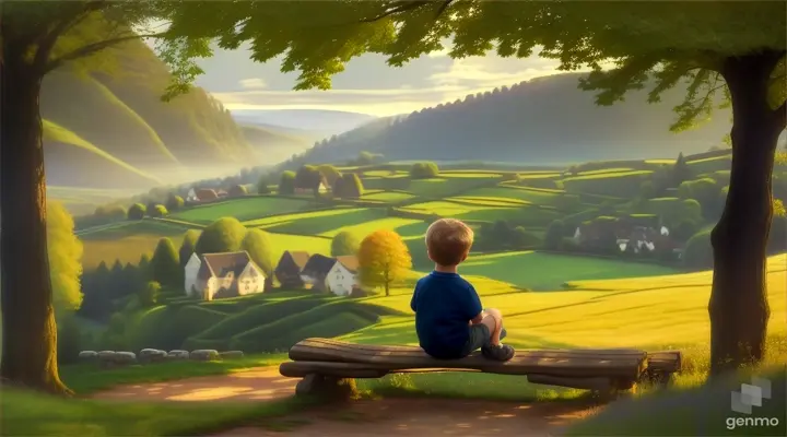 A quaint village nestled between rolling green hills and a lush forest. In the foreground, a small boy with kind eyes and a thoughtful expression sits on a wooden bench, gazing out at the landscape. Sunlight filters through the trees.