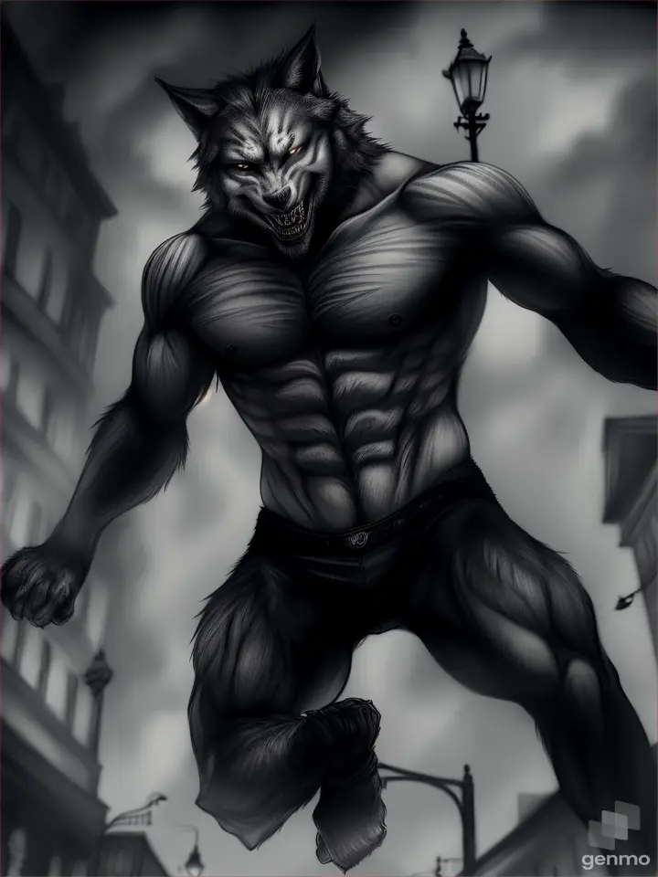 a werewolf, jumping while clinging to a streetlamp in the air in the darkness of the night a the face of the devil watches him from the darkness with a serious face and teeth affiliated with his goatee beard and his aquiline nose. In a charcoal drawing style.”