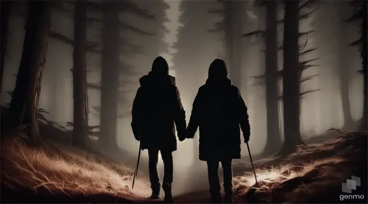 Two friends moving towards a dense forest in the dark of night