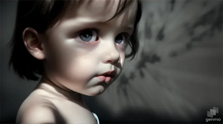 Behind the shadows, a small child (boy) appeared, his face pale, his eyes bloodshot.a with video of 16:9