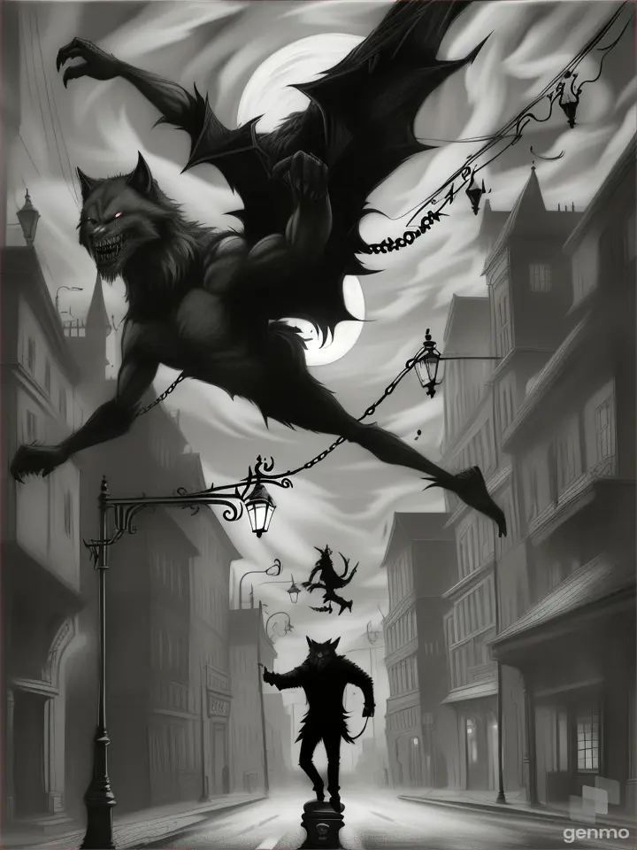 The devil watching To the werewolf, jumping while clinging to a streetlamp in the air in the darkness of the night a the face of the devil watches him from the darkness with a serious face and teeth affiliated with his goatee beard and his aquiline nose. In a charcoal drawing style.”